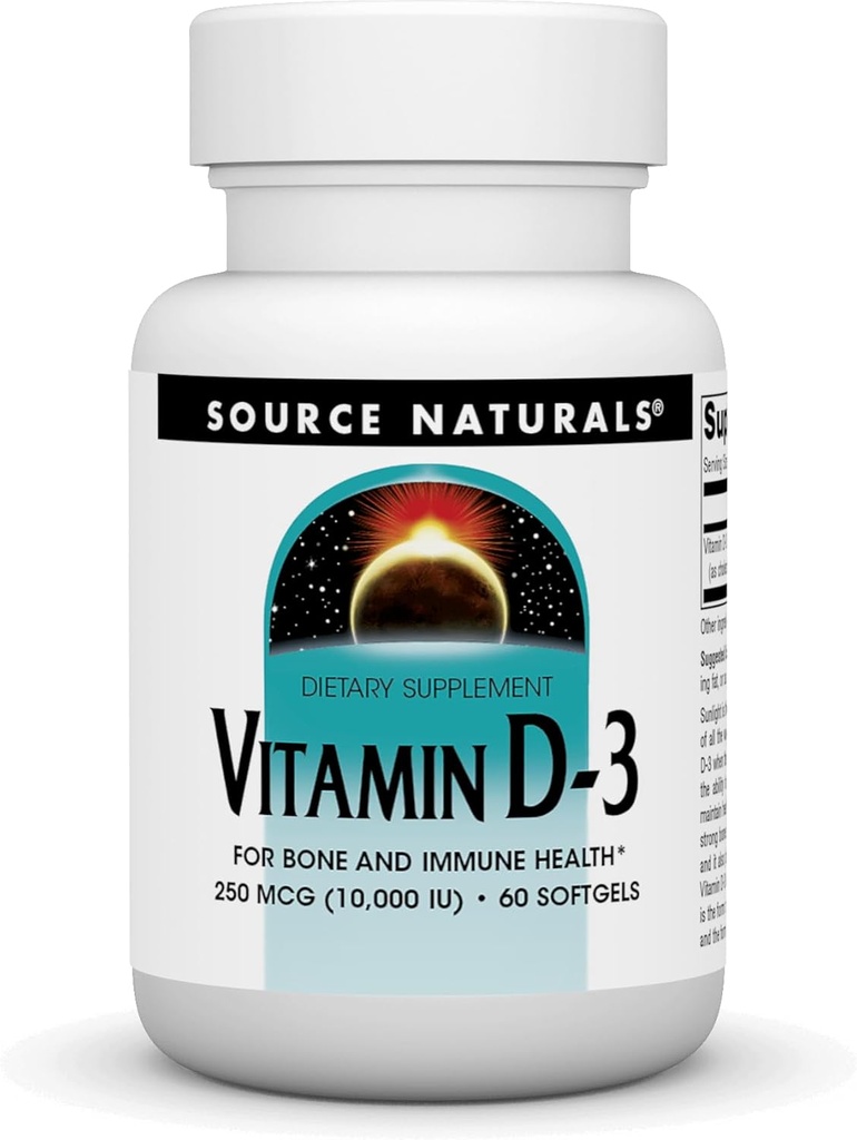 Źródło Naturals Witamina D-3, Wspiera zdrowie kości i odporności *, 250 µg (10 000 j.m.) - 60 Softgels