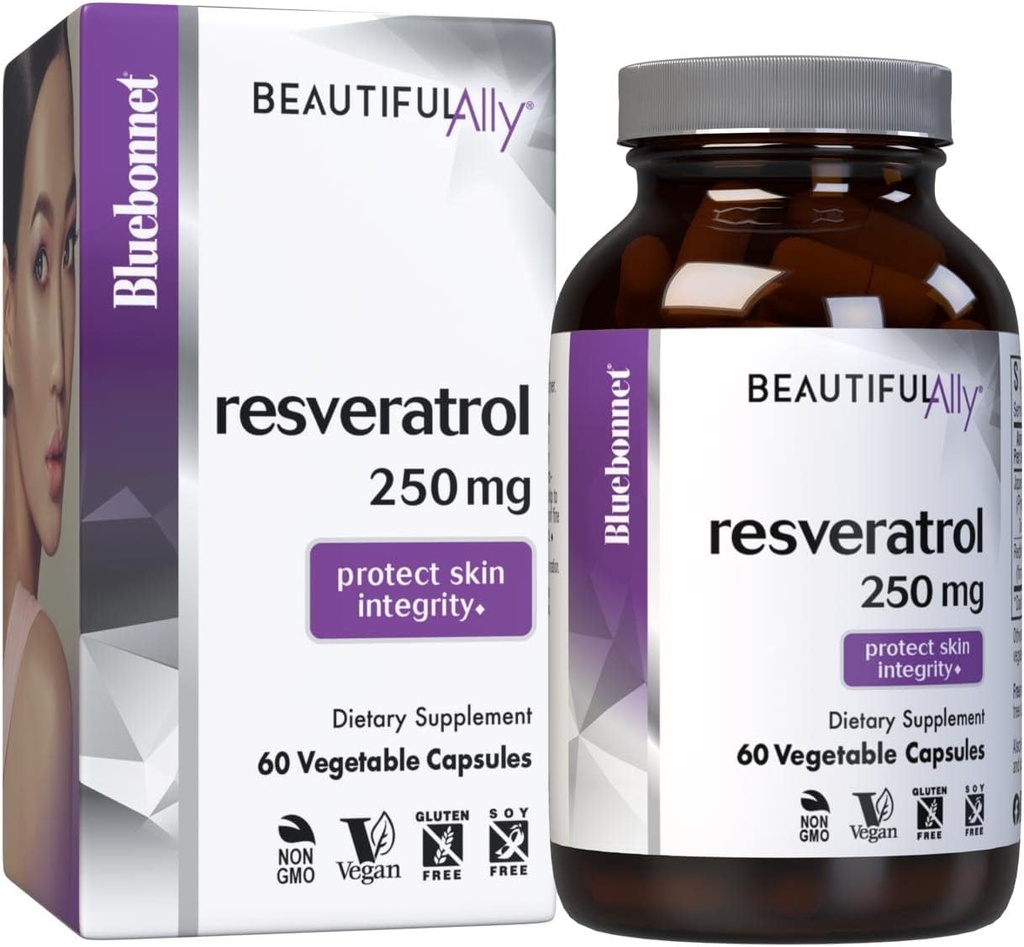 Bluebonnet Nutrition Beautiful Ally Resveratrol 250mg, Najlepsze dla skóry, Przeciwutleniacz, Beauty Nutricent, Wegan, Wegetarianin, Nie GMO, Gluten Free, Soy Free, 60 Kapsułki warzyw, 60 Sług