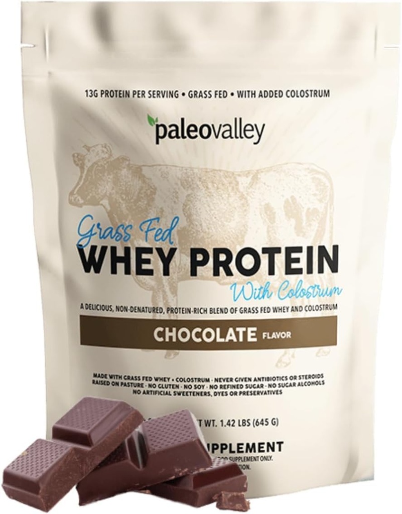 Paleovalley 100% Grassfed białka serwatki proszek z Colostrum, 13g białka, Czekolada, Muscle Building, Wsparcie immunologiczne, Gut Health