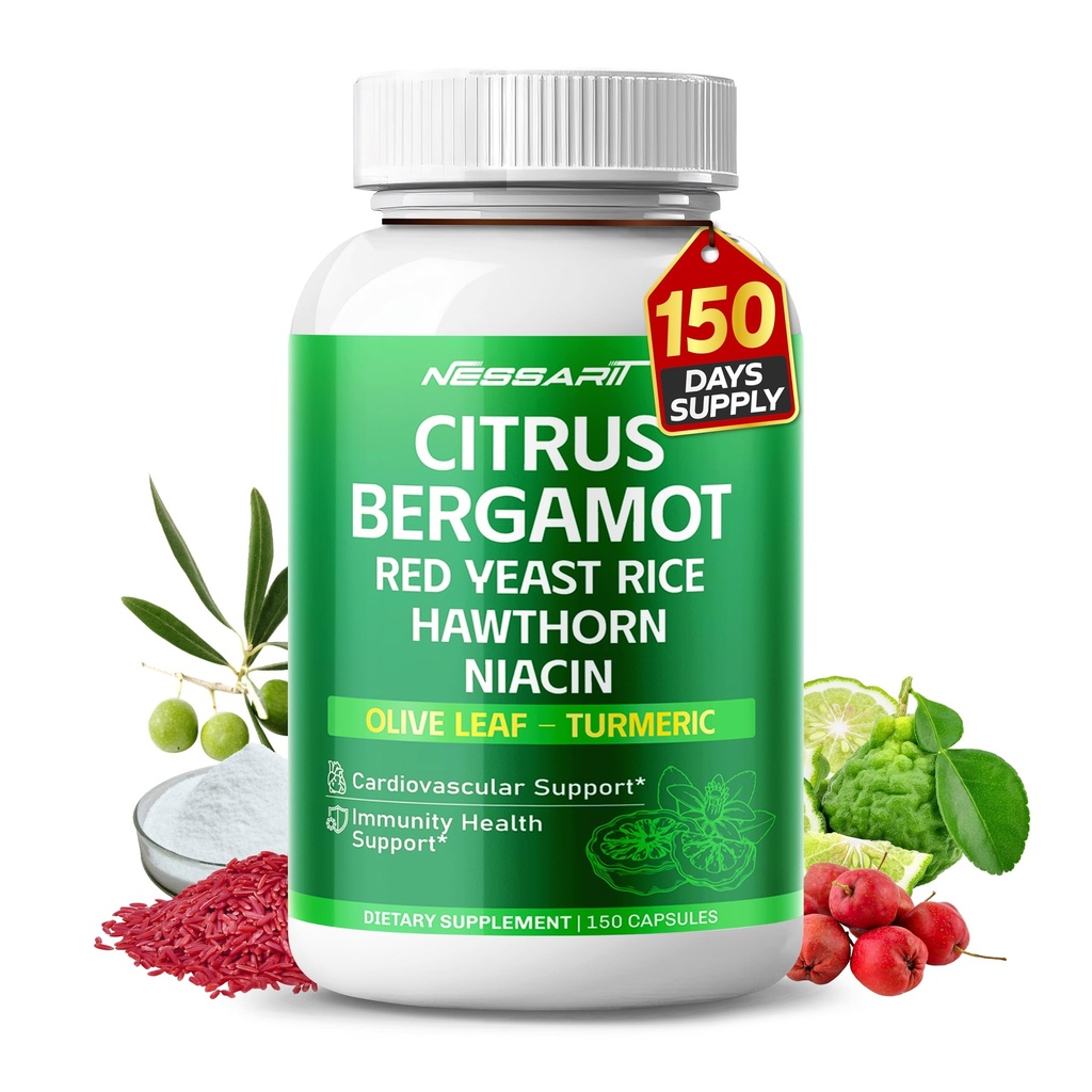 Citrus Bergamot Supplement - 15- in-1 Natural Blend with Red Yeast Rice Hawthorn Olive Leaf Odorless czosnek Ginger Fenugreek - 150 Count - Made & Tested in USA