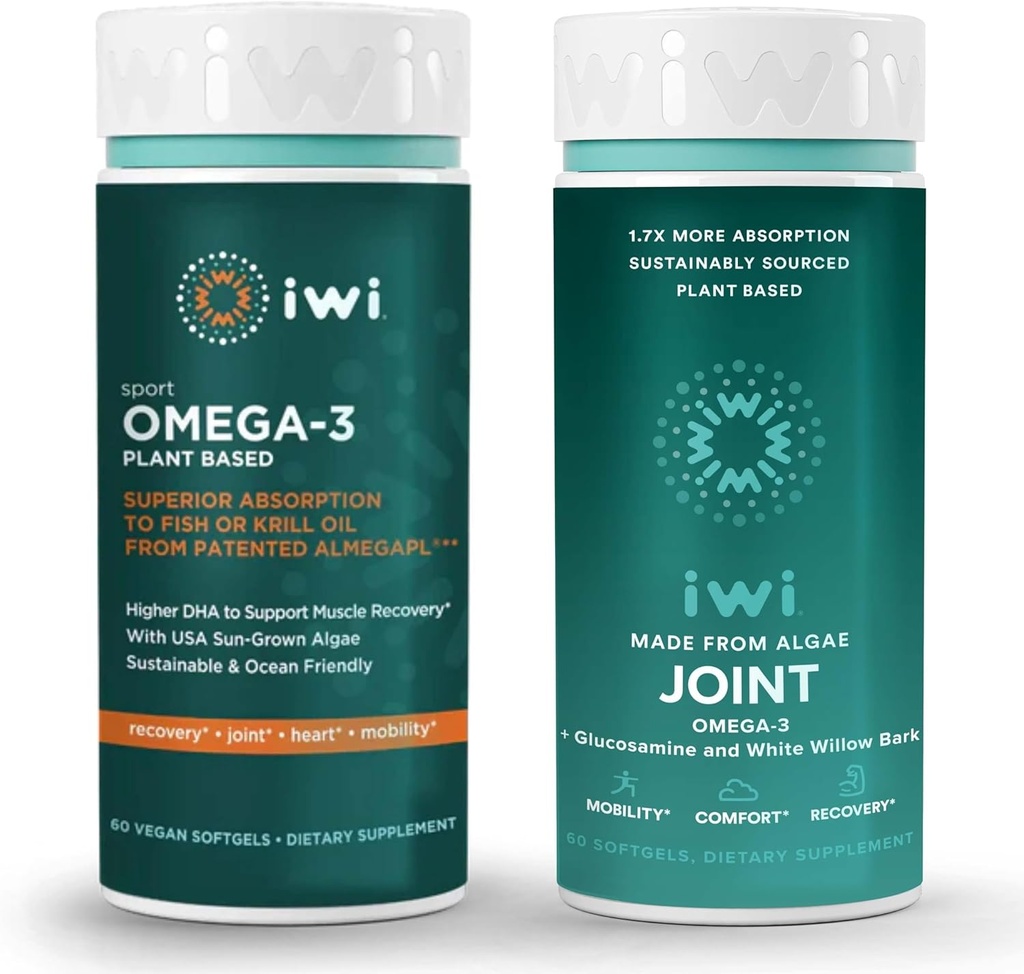 iwi Omega-3 Sport & Joint Omega-3 Bundle, 30 Służenie, Vegan Plant- oparte Algae Omega 3, Kryll & Fish Oil Alternative, No Fishy Aftersmast