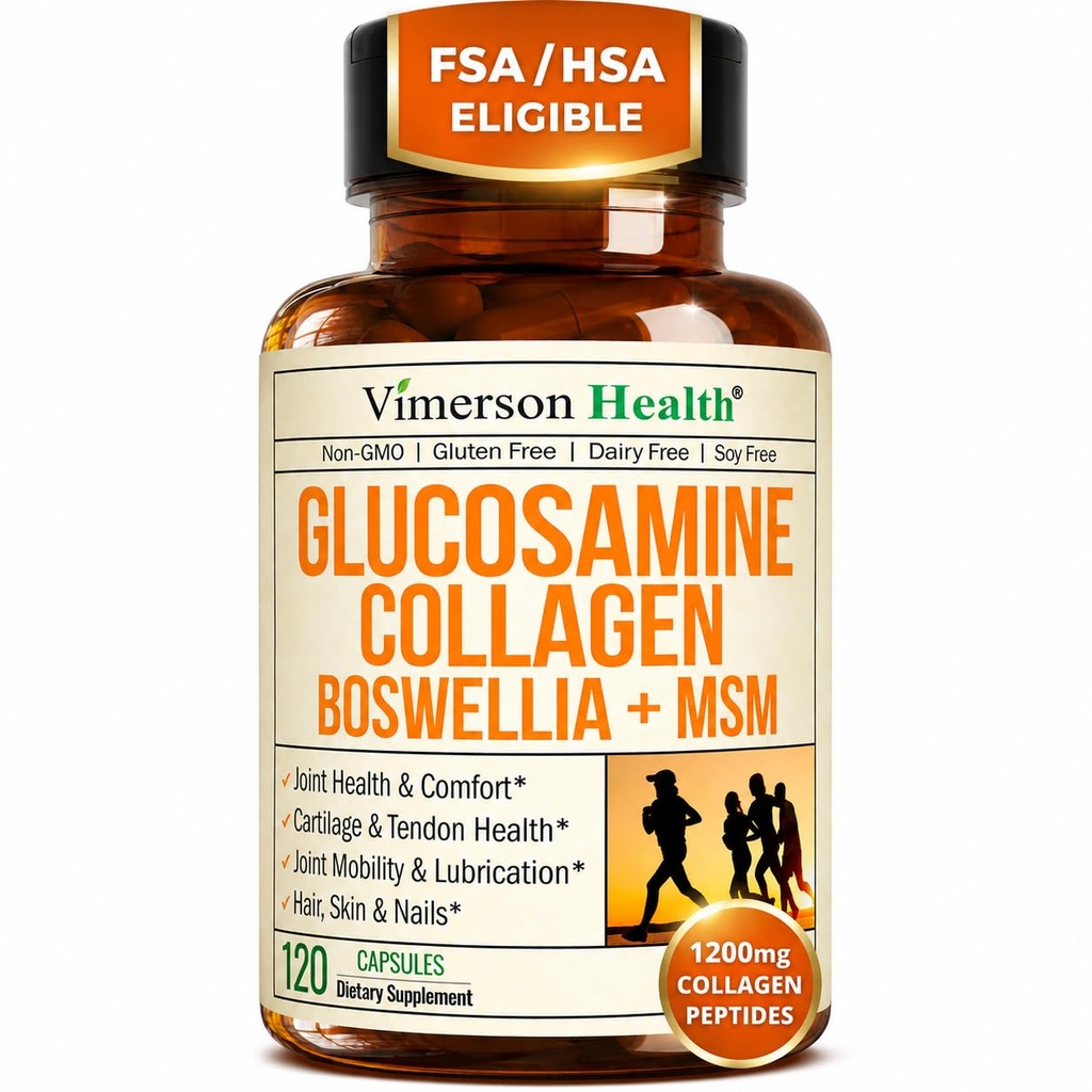 Glukozamina Chondroitin MSM z hydrolizowaną kolagenową peptydami - Suplement do wspólnego wsparcia z Quercetin, Bromelain & Boswellia Extract - Tabletki Collagen dla paznokci skóry włosów - FSA Kwalifikujące 120 Czapki