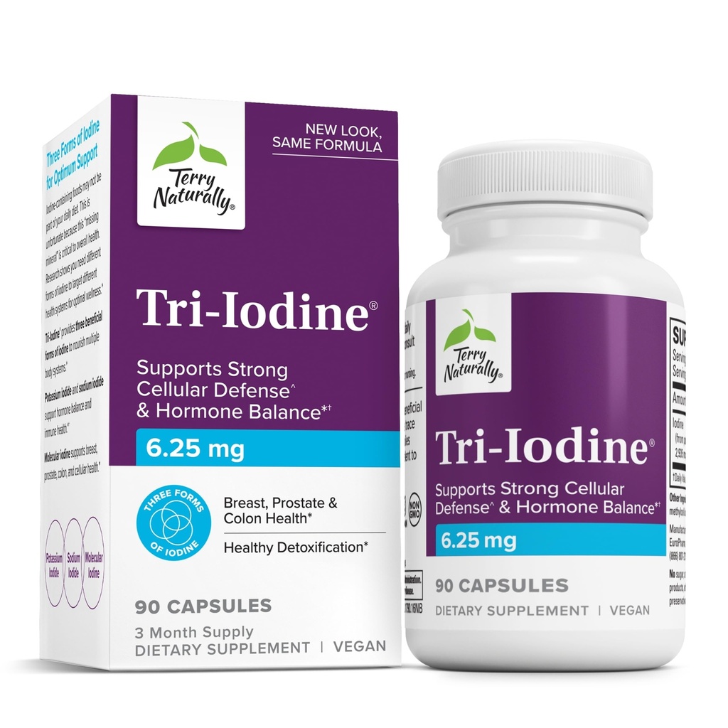 Terry Natural Trijod - Wsparcie dla zdrowia tarczycy - Pomoc Hormon Równowaga z jodem molekularnym z Kelp - Cechy Jodek potasu i sodu - Wsparcie dla mózgu i energii - 6.25mg, 90 Kapsułki