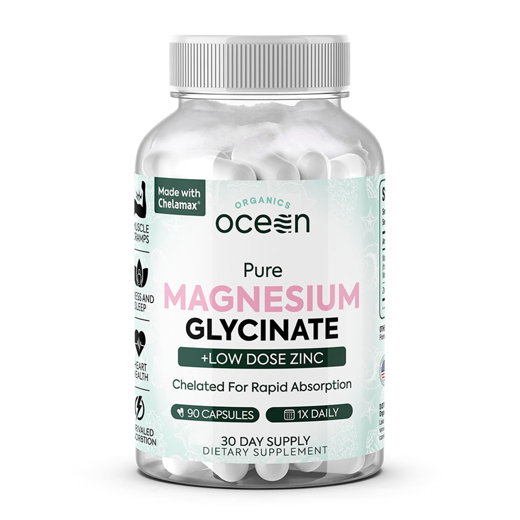 Organiczne Ocean Czysty Glicynian magnezu z cynkiem - Maksymalna moc Chelated suplement magnezu dla kobiet i mężczyzn na skurcze mięśni i wsparcie snu - 90 kapsułki