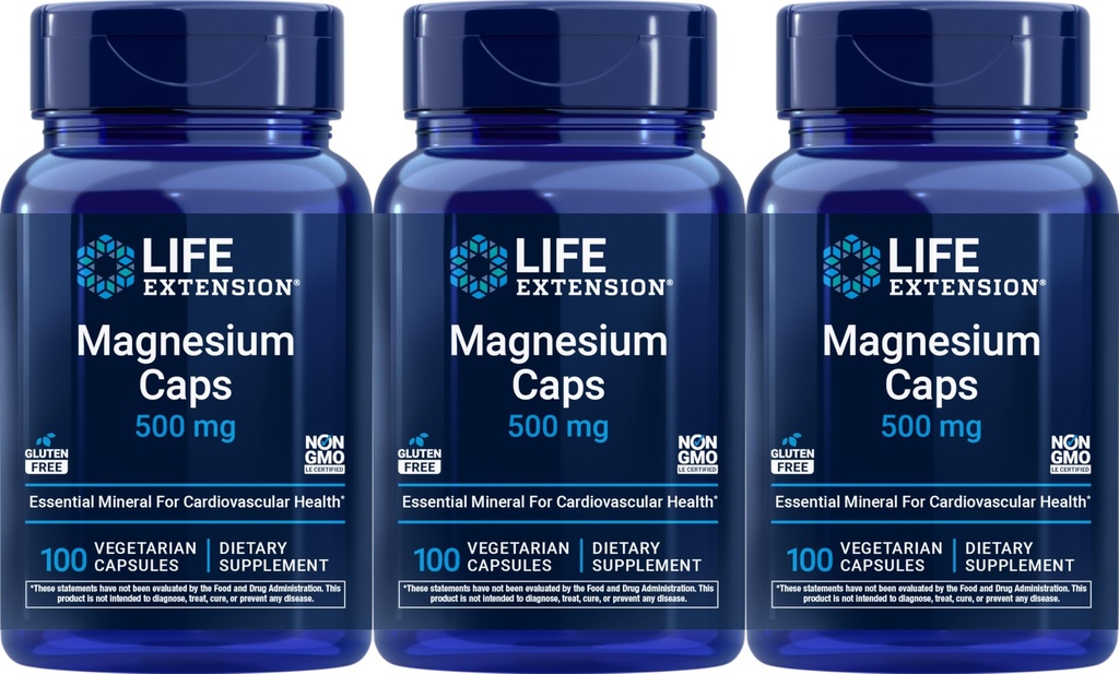 Przedłużenie życia Magnezu 500 mg, 100 Kapsułki wegetariańskie (Opakowanie po 3)