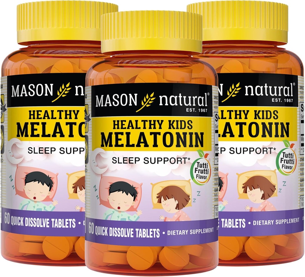 MASON NATURAL zdrowe dzieci Melatonina, dla dzieci, Wspiera zdrowy sen, szybkie aktorstwo, aromat owoców, 60 Szybko rozpuszczalne tabletki (Opakowanie 3)