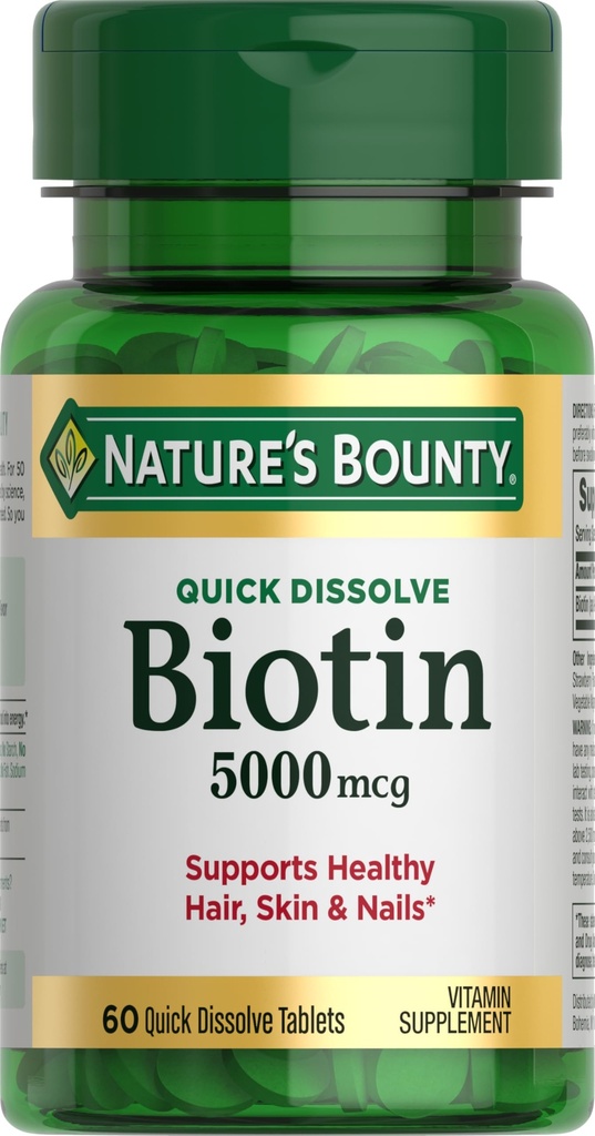Naturalna Bounty Biotin, wspomaga metabolizm dla energii komórkowej i zdrowych włosów, skóry i paznokci, 5000 µg, 60 Szybko rozpuszczone tabletki