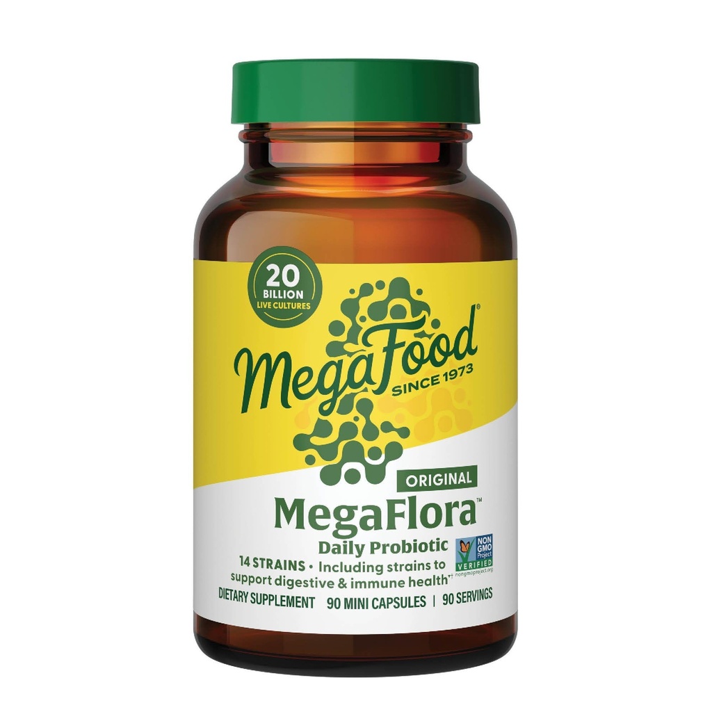 MegaFood MegaFlora Probiotic - Probiotyki dla Kobiet Digestive Health - Suplement wsparcia immunologicznego - 20 Miliard CFU - 14 Szczepów - Non-GMO - Wegetarianin - 90 Mini Kapsułki (90 Sług)