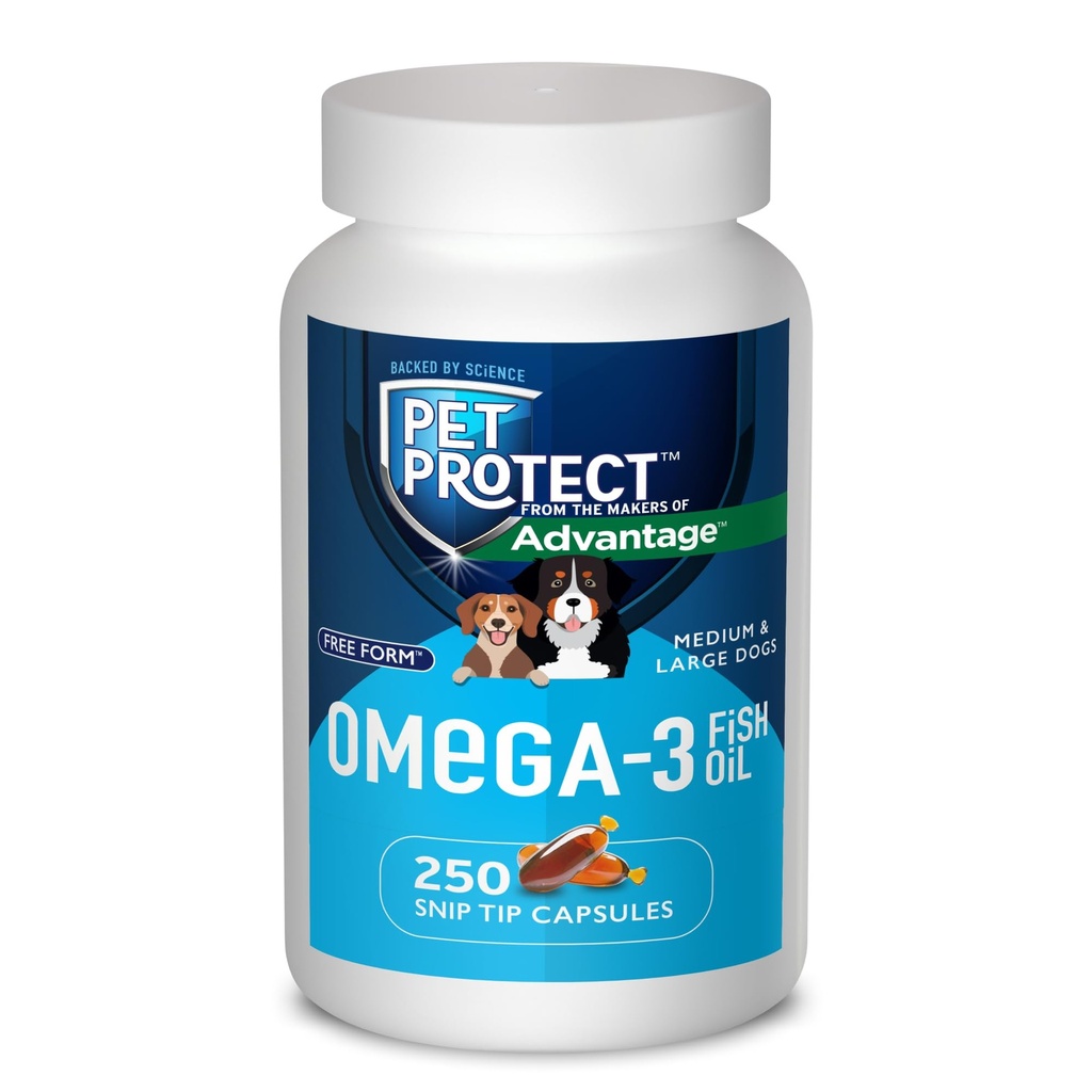 Pet Protect M / L Dog Omega-3 Suplement, Proprietary Free Form Mieszanka, Wspiera normalną reakcję zapalną, Snip- Tip kapsułki (250 Count)