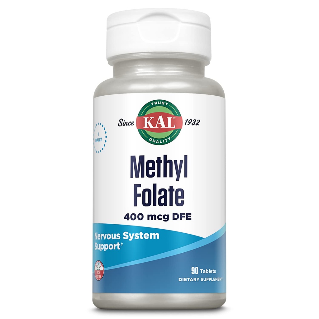 KAL Metyl Folate 400 µg DFE, 5- MTHF Aktywna postać Witamina B9, Suplement kwasu foliowego, Heart Health, Prenatal, Mood and Brain Support, Szybkie rozpuszczanie ActivTab, 60- Day Guarantee, 90 Słupki, 90 Tabletki