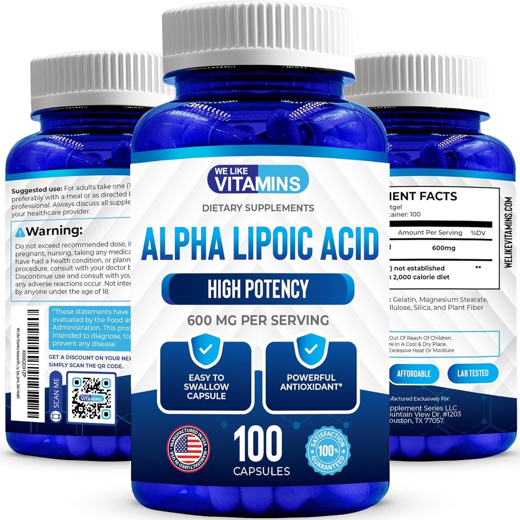 Lubimy Witaminy Alfa kwasu lipoinowego 600 mg kapsułki - 100 Służenia - Alfa kwasu lipoinowego kapsułki pomaga wspierać wspólne zdrowie i przeciwutleniacze zdrowia wraz z bezpłatną ochroną radykalną