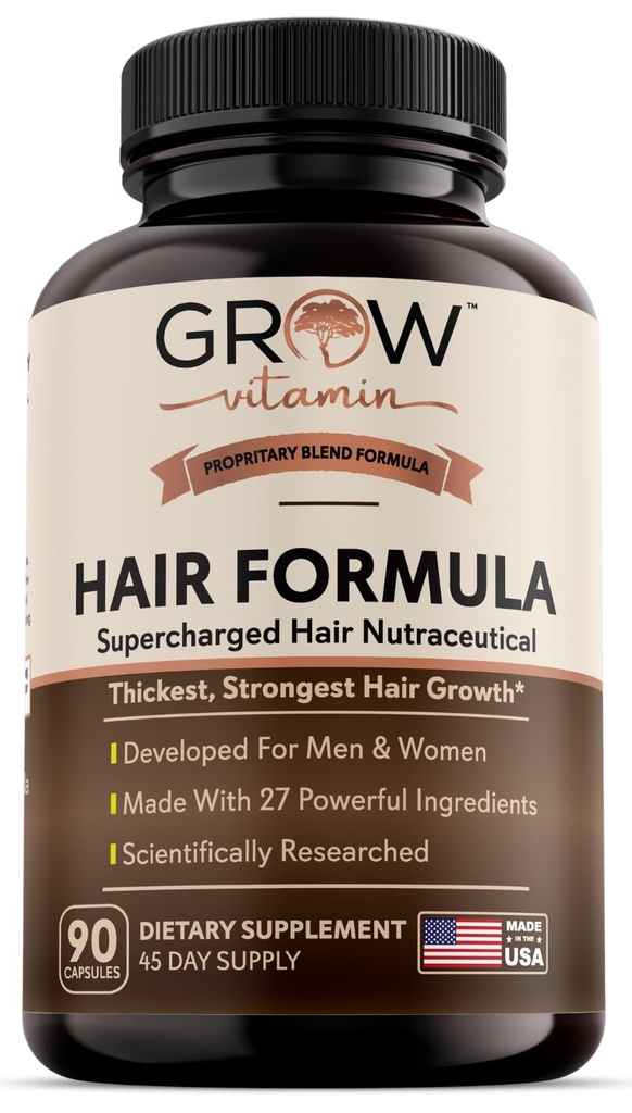 Grow Vitamin All in One Hair Formula for Men & Women - Advanced Hair Formula Includes Biotin, Saw Palmetto, DHT Blocker & Trace Minerals - Hair Supplement for Hair, Skin & Nails - 90 Capsules