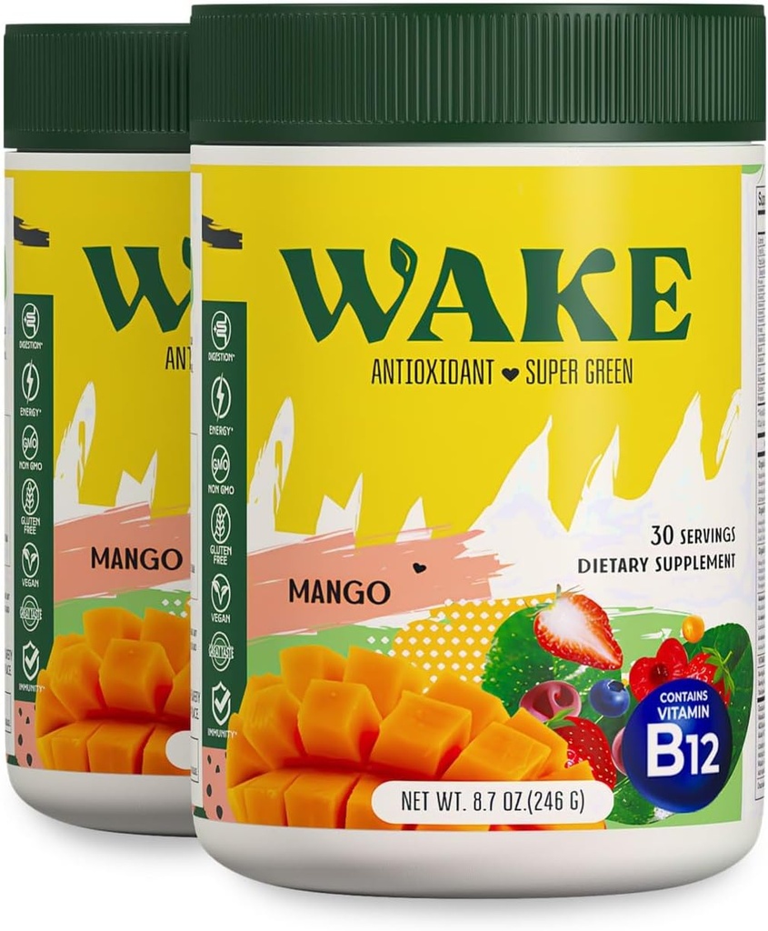 Wake Antioksydant Super Zielonych, Zielonych Proszek do zmniejszenia Bloat, Spirulina & Chlorella, Witamina B12, Non-GMO, Zdrowe spożywanie dla kobiet, Enzymy, Probiotyki, Acai Berry & Camu Camu, 2 szt za 1 koszt