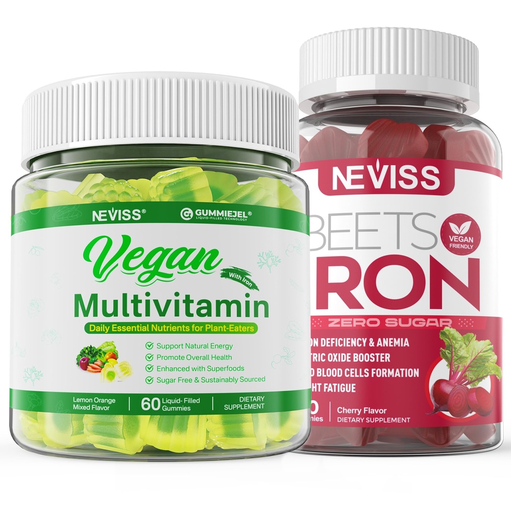 Wegańskie żeberka z wegańską multiwitaminą dla kobiet z żelazem, Witamina B12, A, D3, K2, Algae Omega 3, Magnez, Cynk