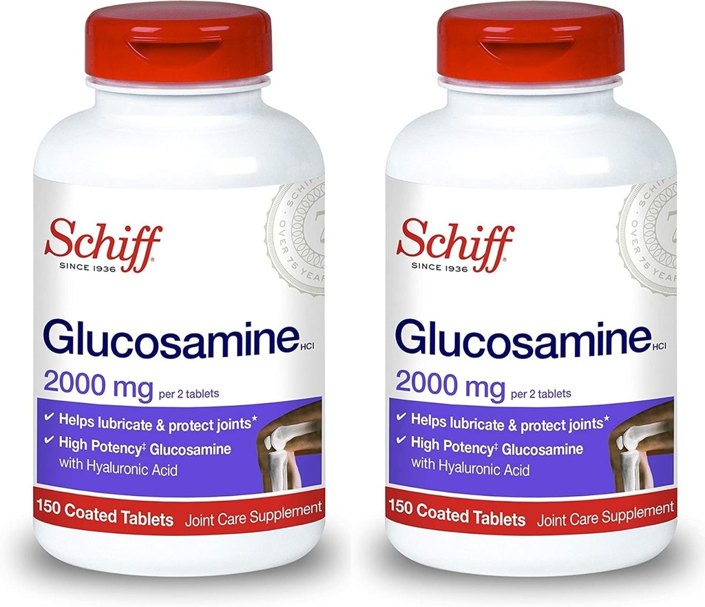 Schiff Glukozamina z kwasem hialuronowym, 2000mg Glukozamina, Joint Care Supplement pomaga lubrykat i chronić połączenia *, 150 Count (Opakowanie 2)