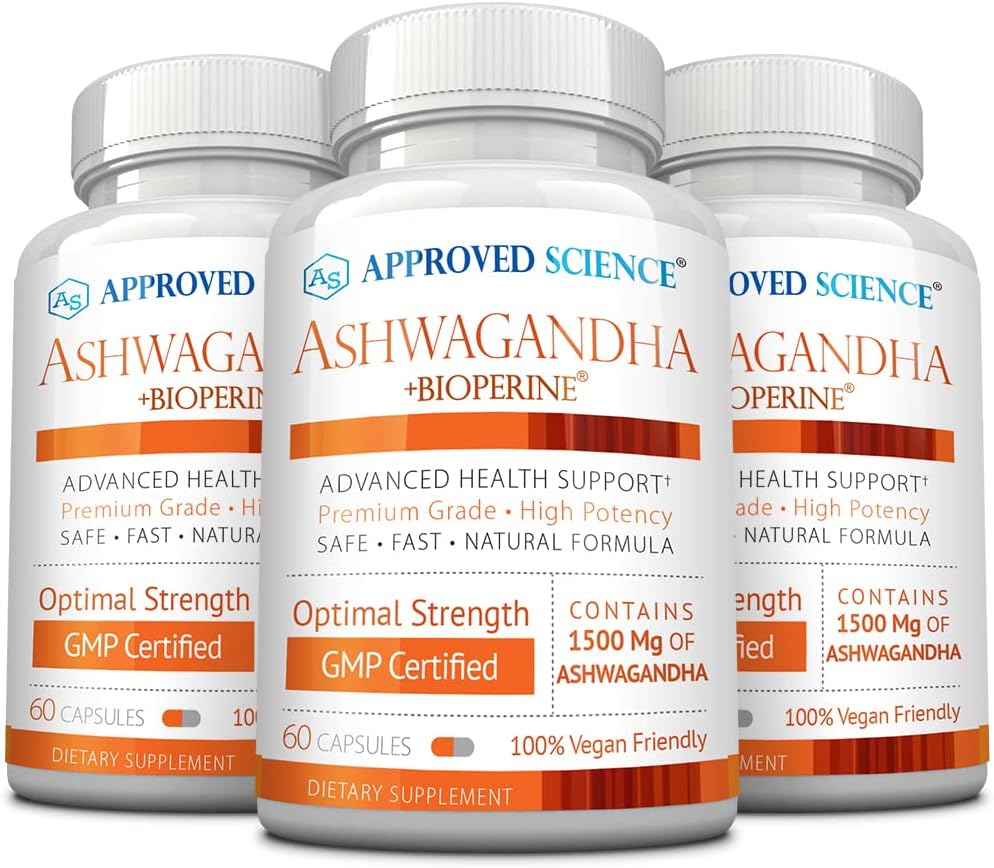 Zatwierdzona Nauka Ashwagandha 1500mg z Bioperine ® i Ginger- Boost Mood & Energy - 60 Kapsułek Wegańskich (3 butelki)