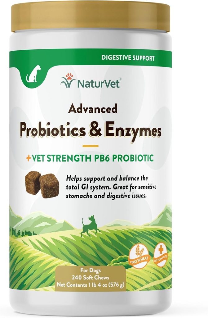 NaturVet Advanced Probiotics & Enzymy, PB6 Dog Soft Chews to help Sensitive Stomachs and Digestive Issues, Hickory Smoked Bacon Flavored Pet Supplement for Dogs Over 6 Weeks, 240 Hrabia Jar