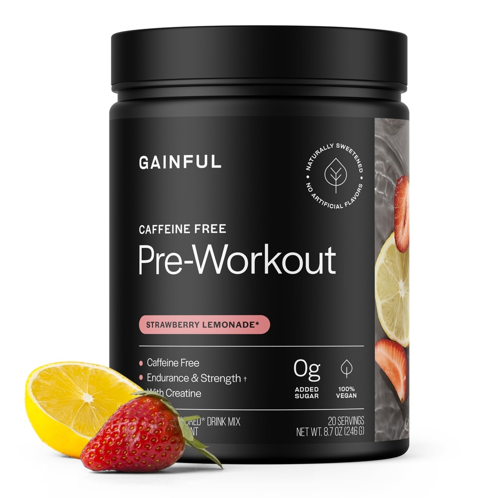 Gainful Cafeline Free Pre Workout Powder with Creatine, Lemoniada truskawkowa Flavor, Wspomaga wytrzymałość, Endurance, & Recovery, BCAA, Beta Alaine, L-Citruline, Brak sztucznych składników, 20 Służenie