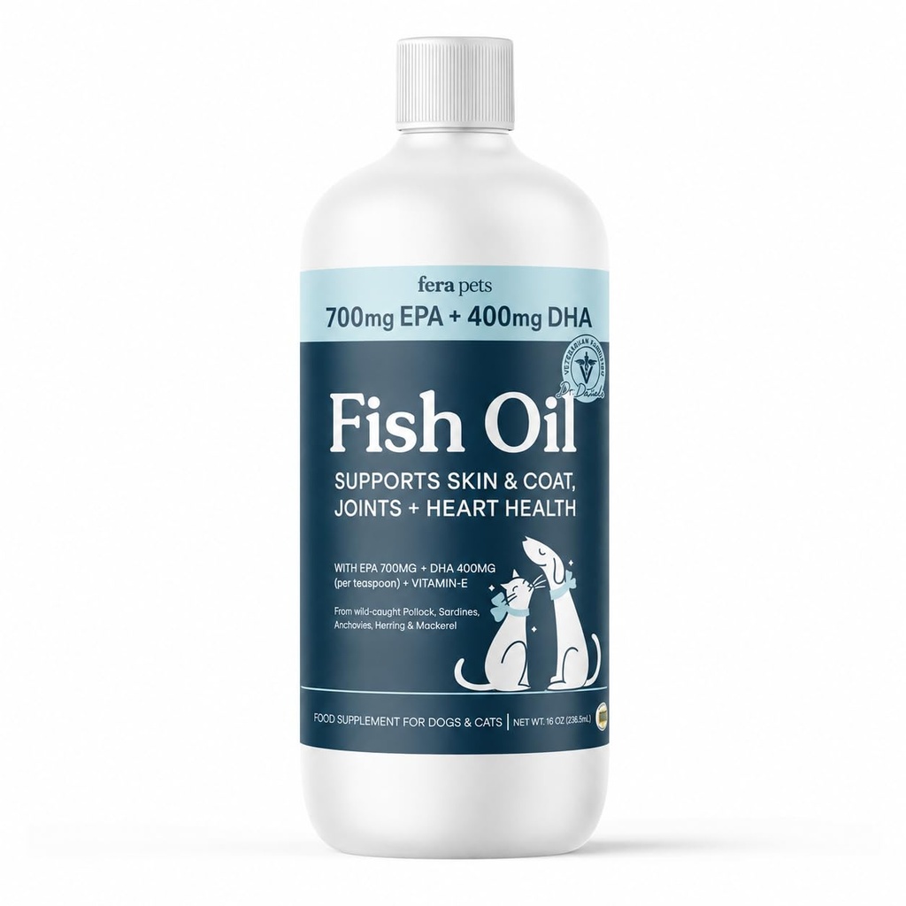 Fera Zwierzęta domowe Fish Oil - Omega 3 dla psów i kotów do wsparcia połączeń, Serce, Skóra i Coat Health - Nie GMO z witaminą E - 8 oz