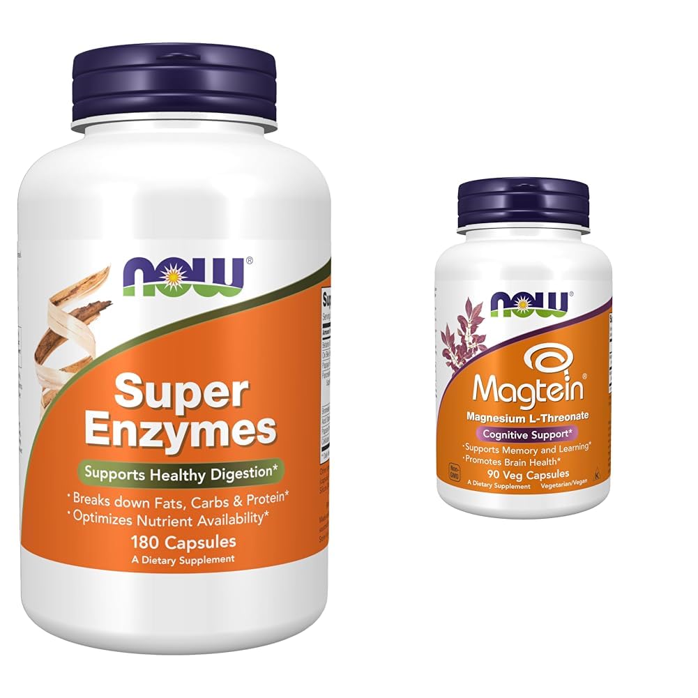 Teraz suplementy, Super Enzymy, Spreparowane z Bromelain, Ox Bile, Pancreatin i Papain, 180 Kapsułki i suplementy, Magtein ™ z opatentowaną formą magnezu (Mg), Wsparcie Cognitive *, 90 Kapsułki Veg
