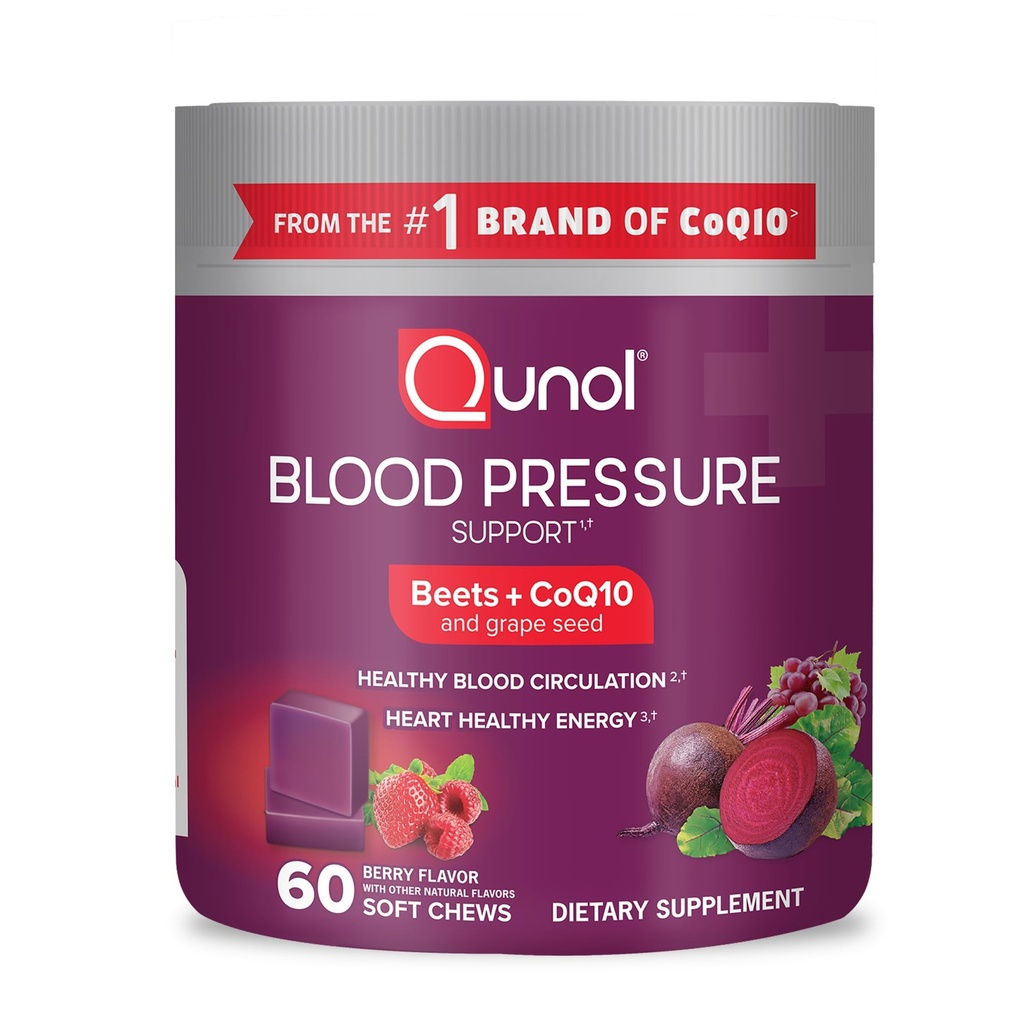 Qunol Beets Chews for Blood Pressure Support, 3 in 1 Beets + CoQ10 + Grape Seed Extract, Wspiera zdrowe krążenie krwi i serce Healthy Energy, 60 Chews