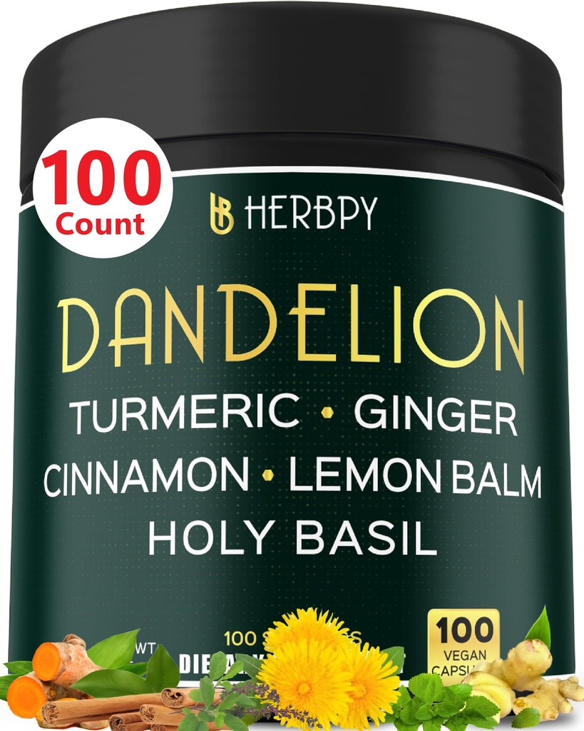 Supplement korzeniowy Dandelion 7500mg 6in1 dla trawienia, zdrowia serca i odporności - zmieszane z imbirem, kurkuminą turmerową, cynamonem ceylońskim, balsamem cytrynowym i Bazylem Świętym - 100 Kapsułek Dandelion