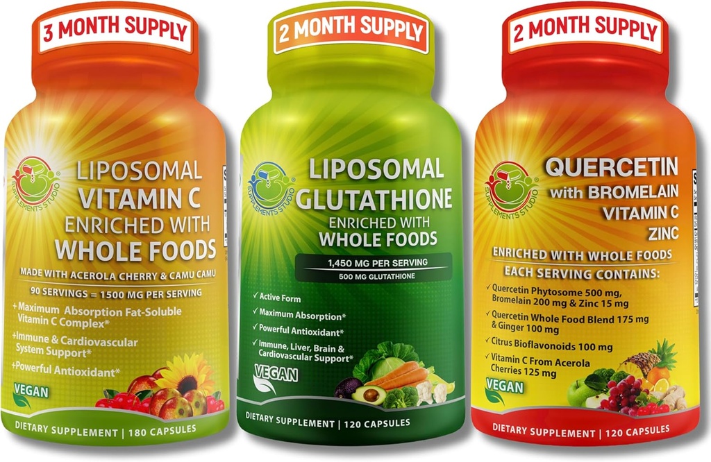 Kompletny antyoksydant na bazie plantanu i zespół wsparcia immunologicznego - witamina liposomalna C 1500mg + glutation liposomalny 500 mg + kwercetyna z bromelainą, cynkiem i witaminą C - wegan, wzmocnione składniki absorpcyjne