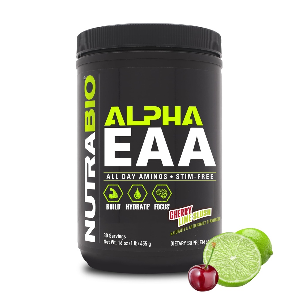 NutraBio Alpha EAA - Acids all- Day Amino for Muscle Growth and Hydration - Esential Amino Acids with Nootropics & Adaptogens- Full Spectrum EAA BCAA Powder - 30 Servings - Cherry Lime Slush