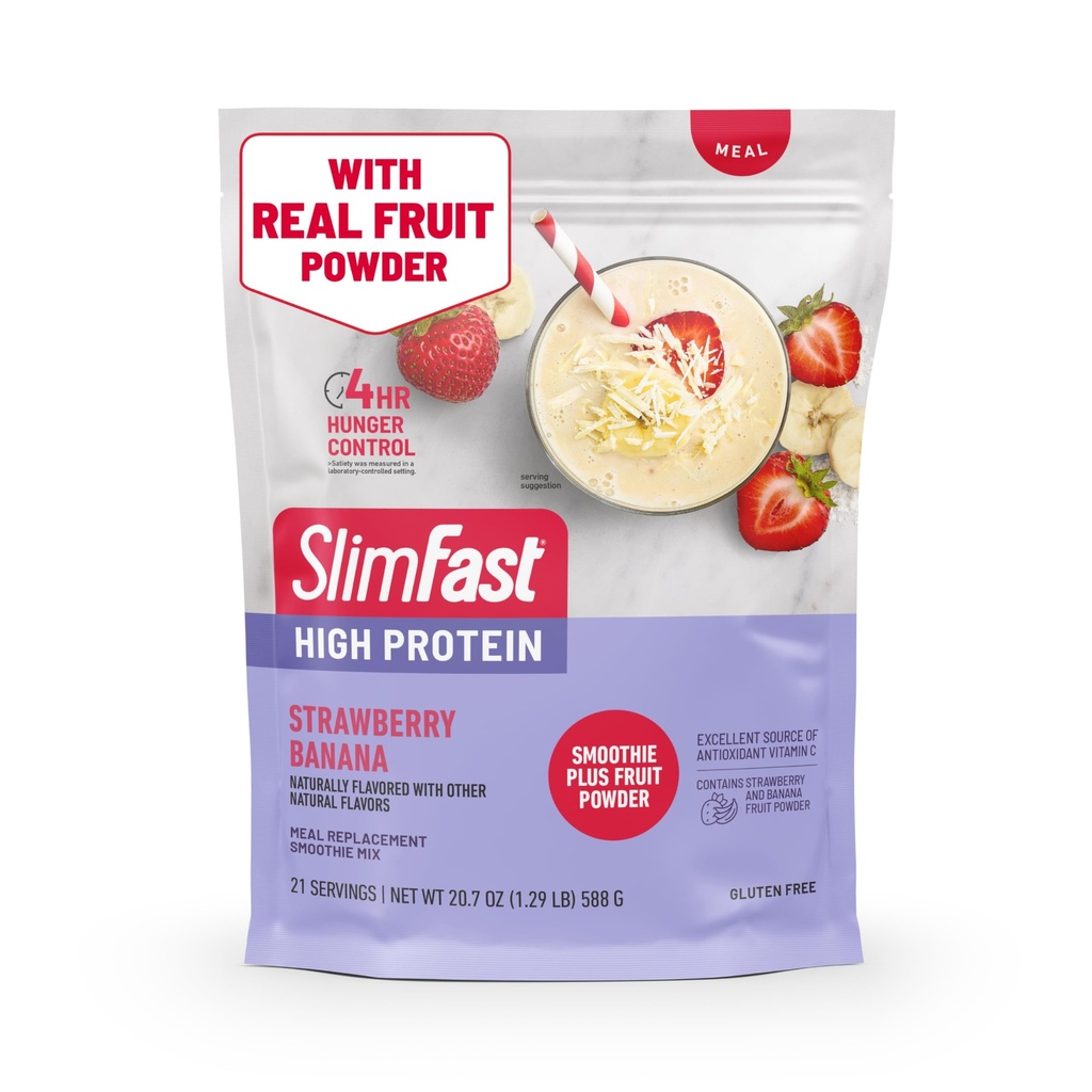 SlimFast High Protein Smoothie Mix Plus Fruit Powder, High Protein Meal Replacement Powder, Fiber, Witamina C, 21 Słupki, 1.29 Funty, Truskawka Banana (Opakowania maja Wary)
