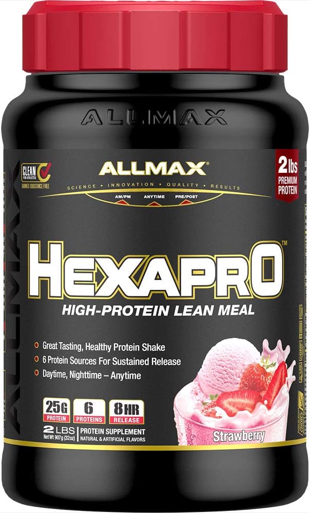 ALLMAX HEXAPRO, Truskawka - 2 lb - 25 gramów białka na serwowanie - 8-godzinne Trwałe uwolnienie - Zero cukru - 21 Służenia