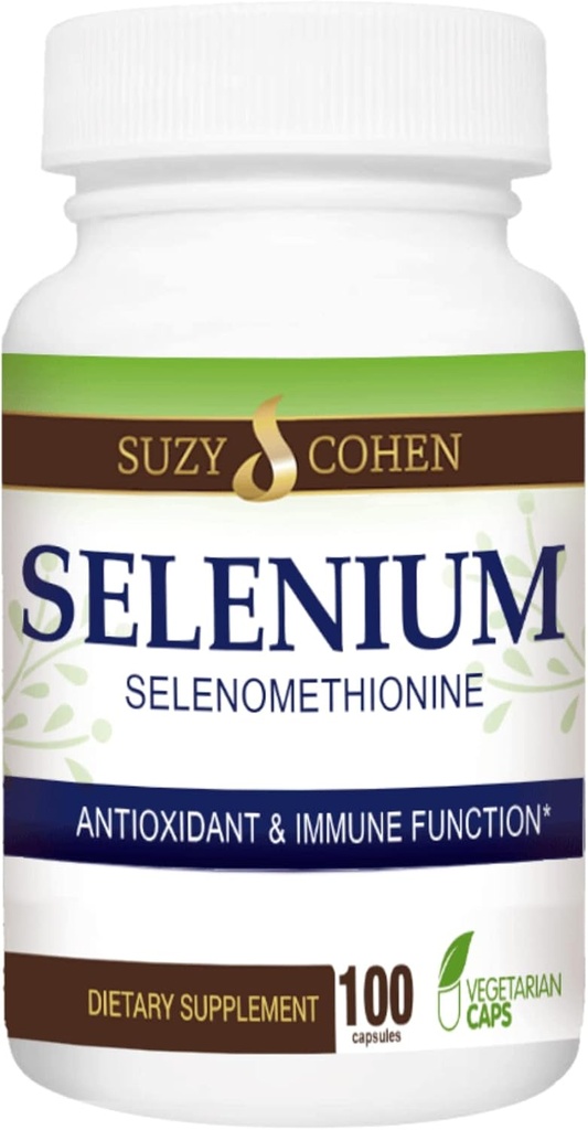 Suzy Cohen Selenium Supplement 200 µg, Zachowanie zdrowego serca, układu immunologicznego, Tyroid wsparcia, funkcja prostracji, Yeast Free Chelated Tummy Friendly Amino Acid, Wysoko Biodostępny, 100 kapsułki Veg
