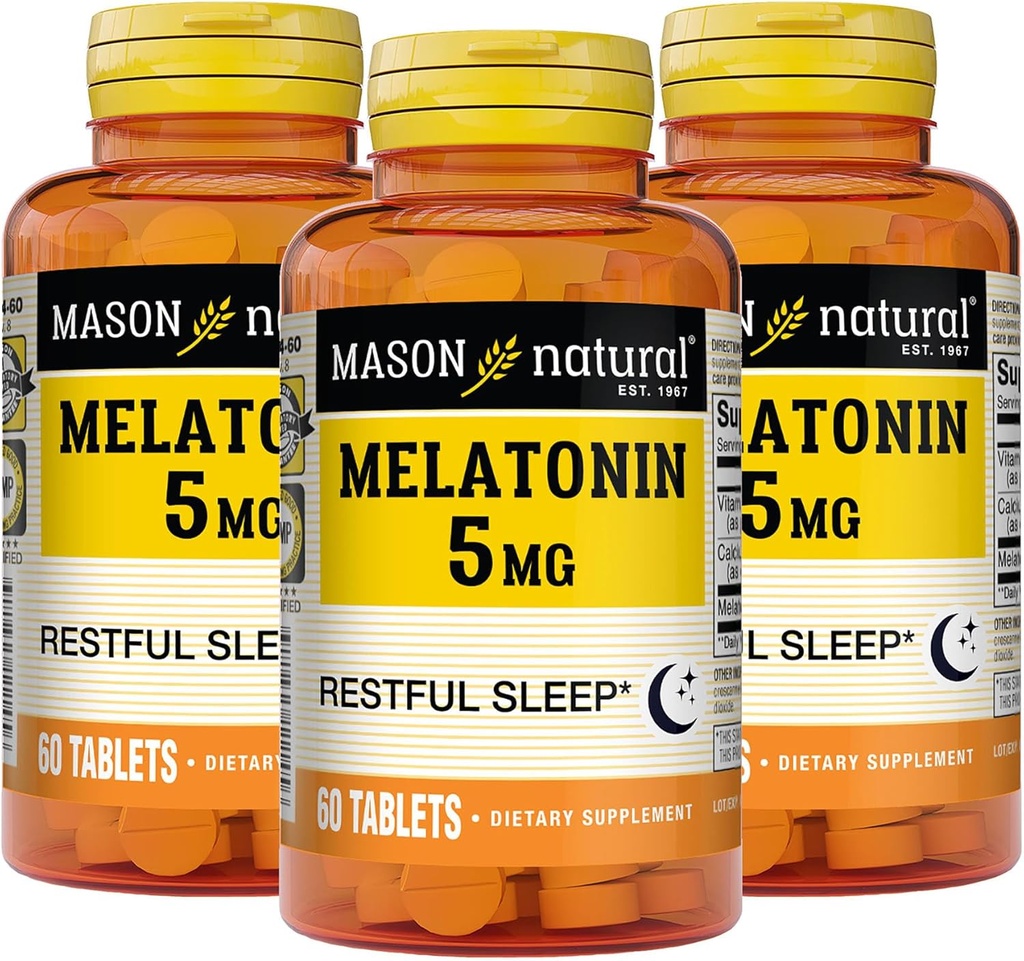 MASON NATURAL Melatonin 5 mg with B6 and Calcium - Natural Sleep Aid, Supports Healthy Sleep & Rest, 60 Tablets (Pack of 3)