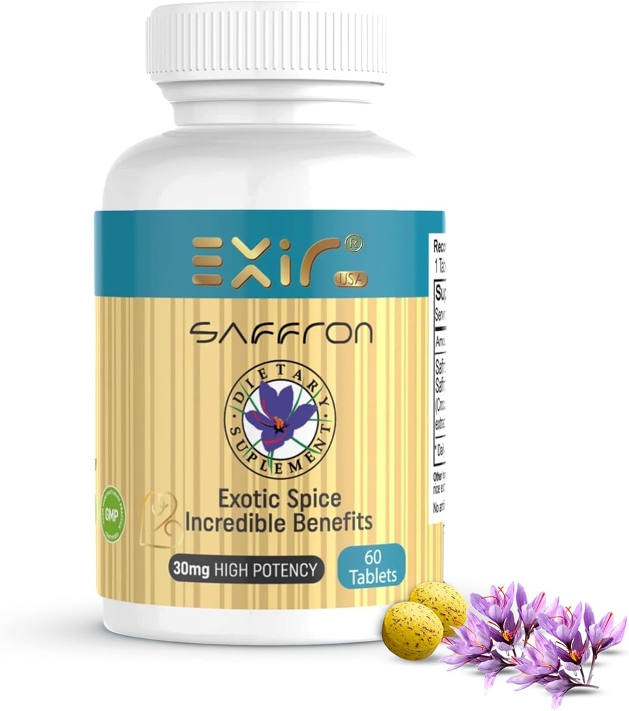 Suplement Saffron EXIR 124; Wspomaga Focus, Zdrowe miejsca jedzenia, nastroje, Metabolizm, 60 tabletek