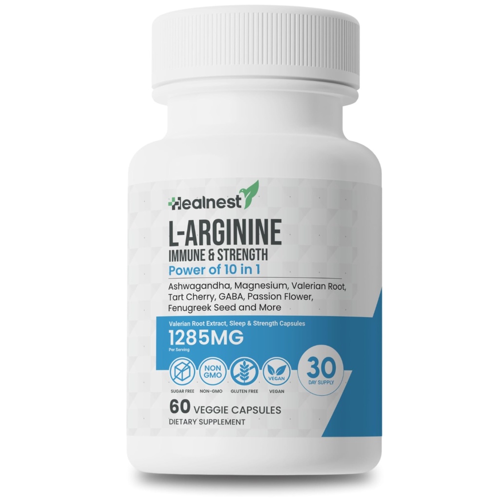 Kapsułki L- argininy - 1285MG Mieszanka Aszwagandha, L- Theanine, Magnez, GABA, Cynk & Tart Cherry - Odzysk mięśni, Stress Relief, Mood Support - Non-GMO, 60 Kapsułek wegetariańskich dla mężczyzn i kobiet