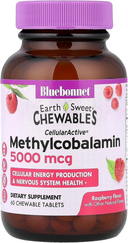 BlueBonnet Nutrition Earth Sweet ® Chewables, CellularActive ® Methylcobalamina, Malina, 5000 µg, 60 Tabletki do żucia