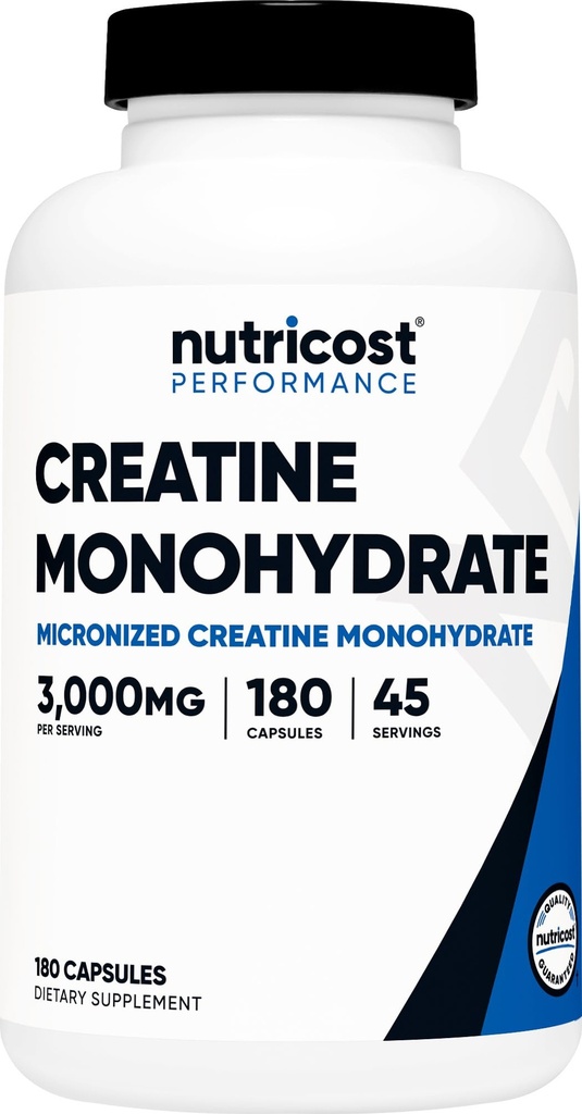 Nutricost Kreatyna Monohydrat 3,000 mg, 180 Kapsułek (750mg na kapsułkę) - Bez glutenu, Nie-GMO