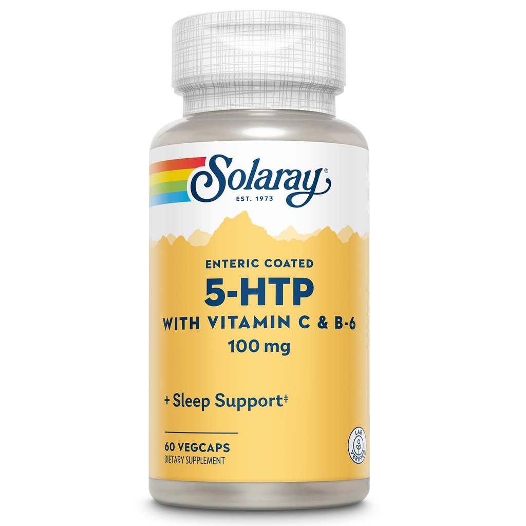 SOLARAY 5 HTP Suplement z witaminą C & B- 6 - Suplement do snu i wsparcie syntezy serotoninowej - Laboratorium zweryfikowane, 60- dzień Money- Back Guarantee - 60 Służenie, 60 Enteric Coated Vegaps