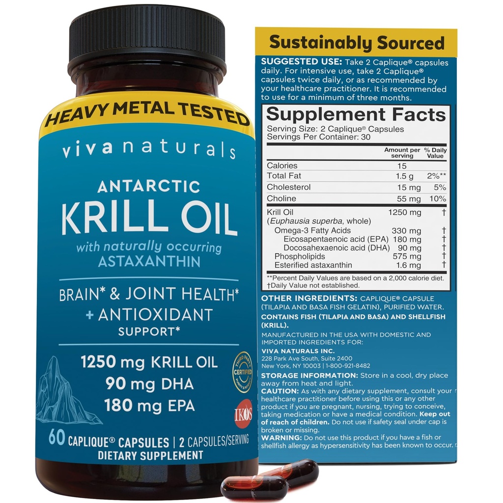 Viva Naturals Antarktyczny olej kryla Omega 3 Suplementy 1250 mg - DHA EPA Omega-3 & Astaksantyna Stężenie dla Joint Health, No Fish Burp - 60 Kapsułki oleju krylowego