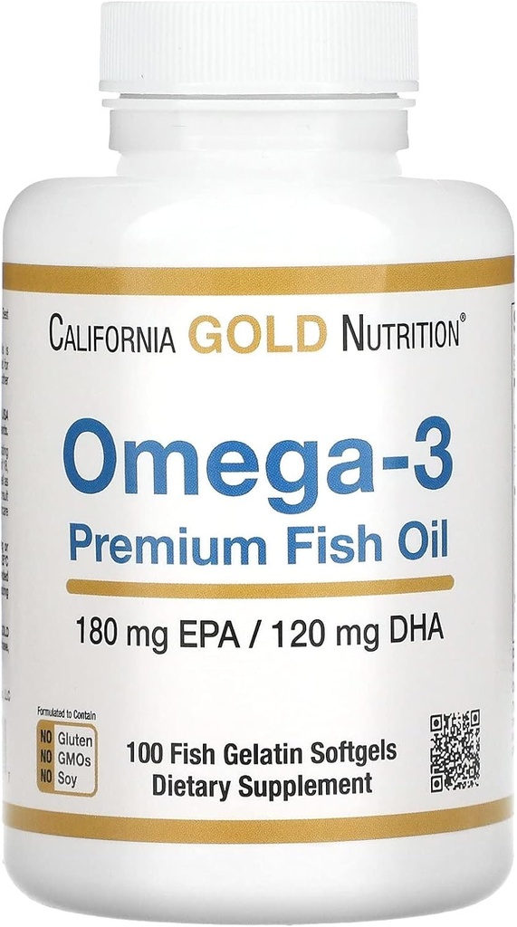 California Gold Nutrition Omega-3 Premium Fish Oil, Skoncentrowana formuła z EPA & DHA, Wsparcie dla optymalnego profilu lipidowego i systemu immunologicznego, Gluten Free, Non-GMO, 100 Softgels żelatyny ryb