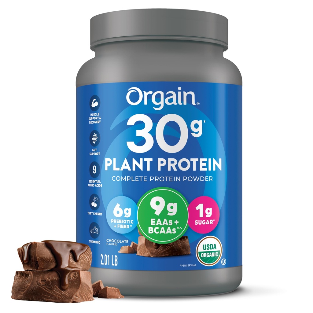 Orgain Organic 30g Vegan Protein Powder, Czekolada 9g EAA + BCAA, Białko roślin, 6g Prebiotic + Fiber, 1 g Cukier, Wstępny trening, Wsparcie dla mięśni + Odzysk - 2.01lb (Packaging May Vary)