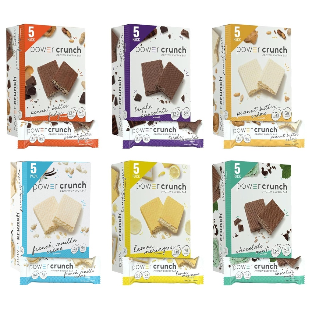 Power Crunch Protein Wafer Bars, Variety Pack, w 6 Flavors 1.4 Ounce Bars (30 Count). Wysokie białko przekąski z pysznym smaku
