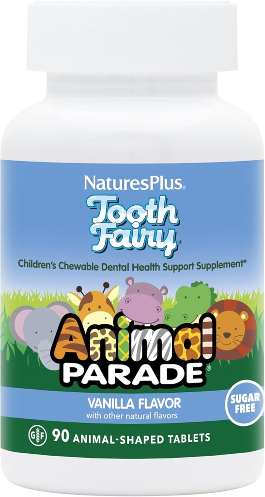 NaturesPlus Animal Parade Tooth Fairy Chewables dla dzieci - Natural Vanilla Flavor - 90 Animal- Shaped Tablets, Pack of 2 - Dental Health Supplement - Wegetarianin, Gluten Free - 90 Total Servings
