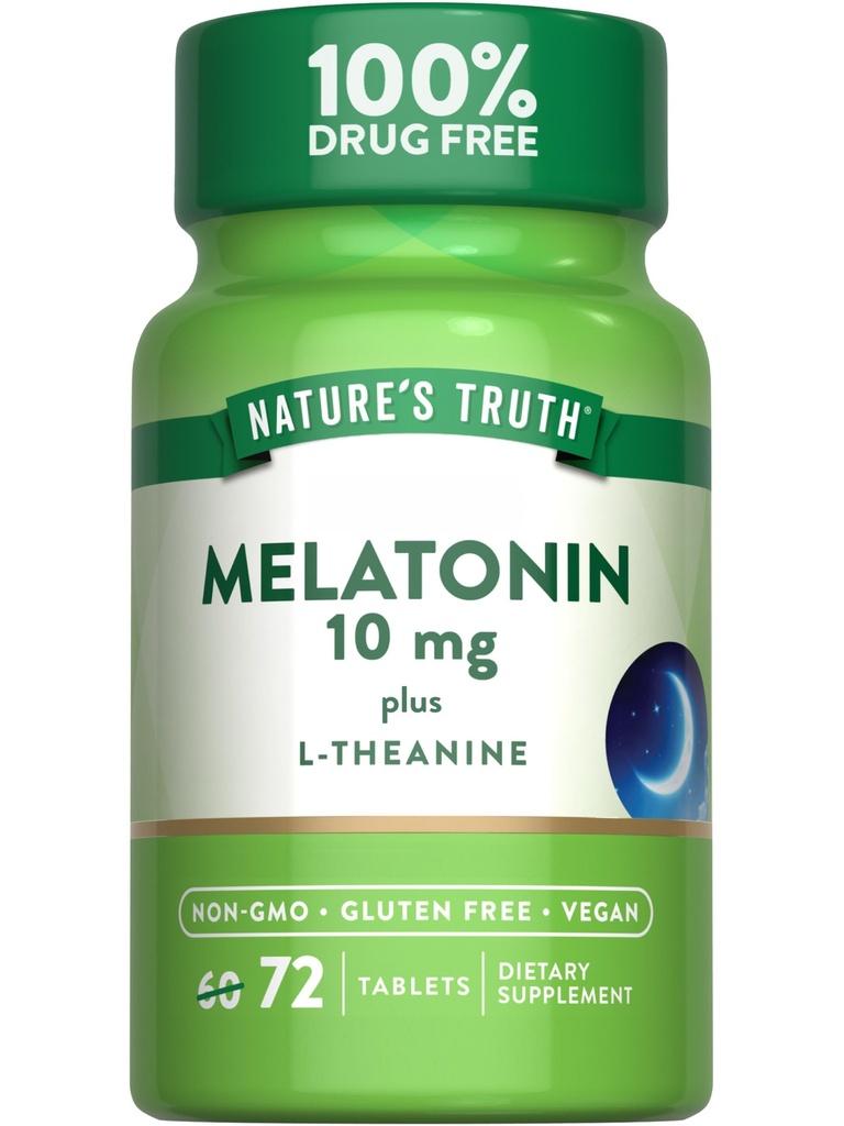 Melatonina Nature 's Truth 10 mg + L- Theanine 124; 72 tabletki 124; Maksymalna moc 124; Wegan, Non-GMO i Gluten suplement wolny