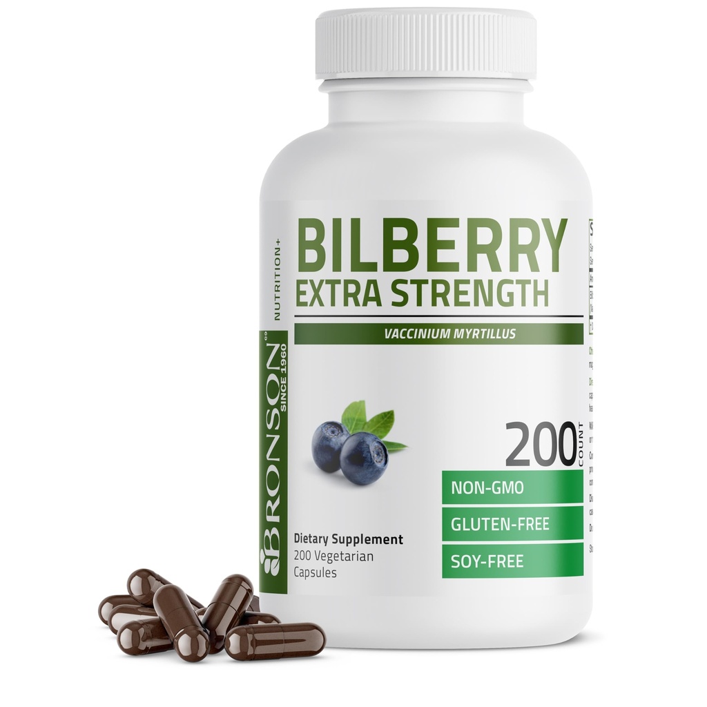 Bronson Bilberry Extra Siła Vaccinium Myrtillus, Promotes Eye Health and Supports Healthy Vision - Nie GMO, 200 Kapsułki wegetariańskie