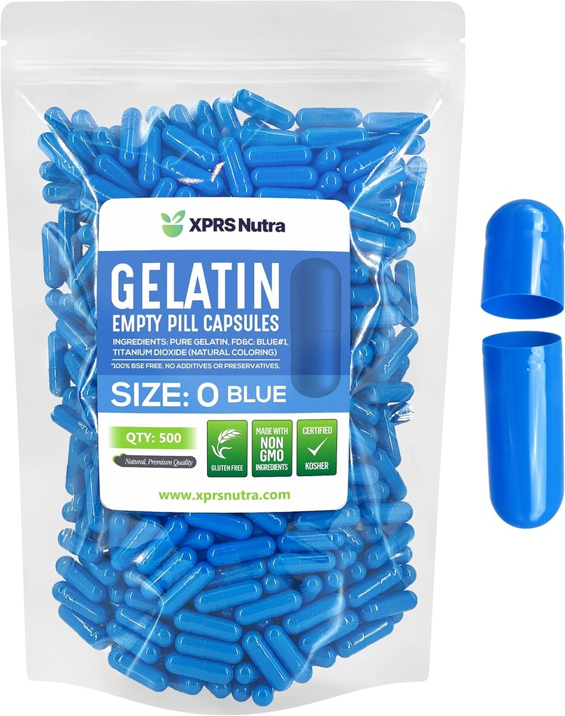 XPRS Nutra Rozmiar 0 Puste kapsułki - 500 Licz Puste kapsułki żelatynowe - Pigułki DIY Kapsułka Napełnianie - Czysty żel piórnik dla bydła Kapsułki do do- It- Yourself Supplements (Niebieski)