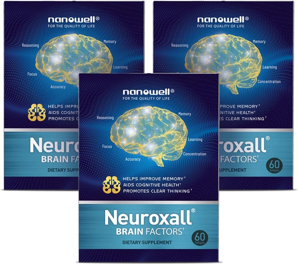 NANOWELL Neuroxall Brain Health Supplement for Enhanced Cognitive Function and Mental Clarity, Astaxanthin, Ginkgo Biloba Extract, Antioksydant - 60 Softgels X 3 Pudełka na 3 miesiące (180 Count)