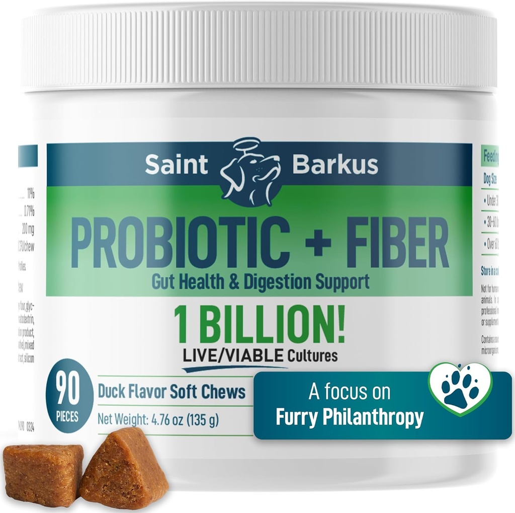 Probiotyk + Regularność włóknista & Zdrowie pokarmowe. Probiotyczne suplementy dla psów dla Gut Health, Regularność, Upset Stomach, Gaz, Yeast. Nie zabijaj schronisk! 90