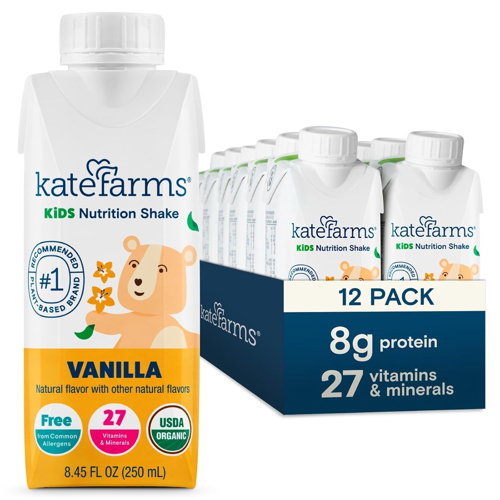 KATE FARMS Organic Kids Nutrition Shake, Vanilla, 8g białka, 27 witamin i minerałów, Napoje zastępcze posiłek, Shake protein, Gluten Free, Non-GMO, 8.45 Fl oz (Opakowanie po 12)