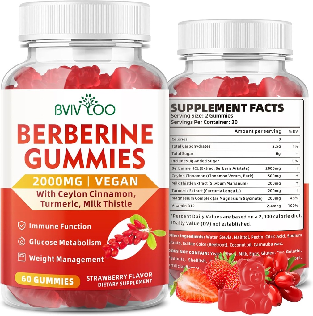 Berberine Gummies, Sugar Free 2000mg High Potency Berberine HCI Supplement, Plus Ceylon Cynamon, Ostrze mleczne dla kobiet i mężczyzn, System immunologiczny i wsparcie metabolizmu - 60 Gummies