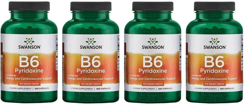 Swanson B6 Pyridoxine - Suplement Witaminy Propagujący Zdrowie i Metabolizm układu sercowo- naczyniowego - Naturalna Formuła Propagująca Ogólny Wellness - (250 kapsułek, 100 mg każdego) (4 opakowania)